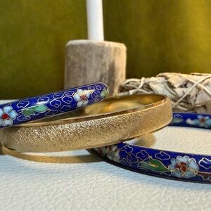 Gold and Blue Floral Cloisonné Bangle Set - Women Jewelry